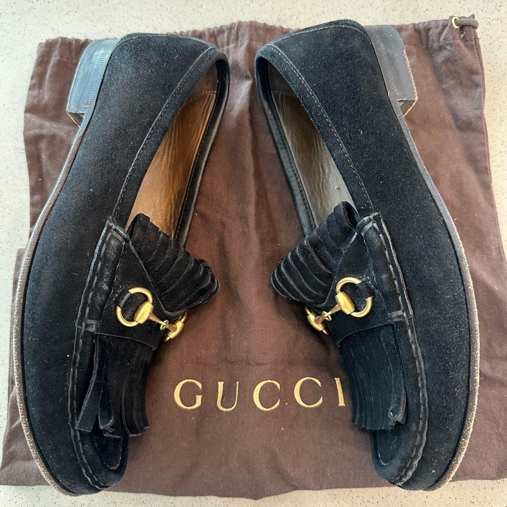 GUCCI Women's Horsebit Fringe Suede Black Loafers EU 37 - Picture 6 of 9